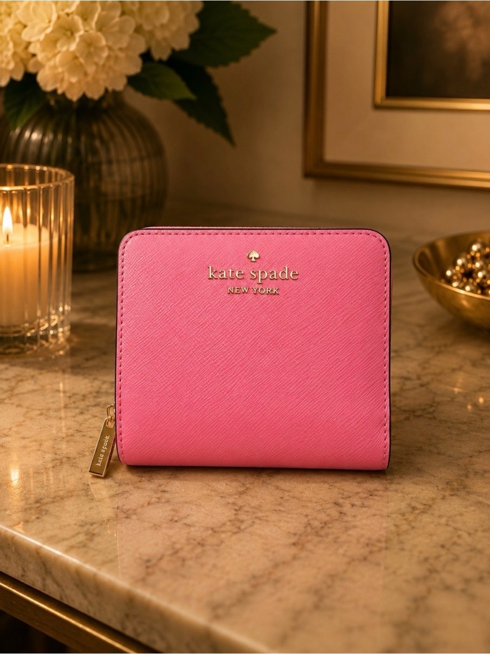 Kate Spade Pink Saffiano Bifold Zip Wallet with Gold Accents